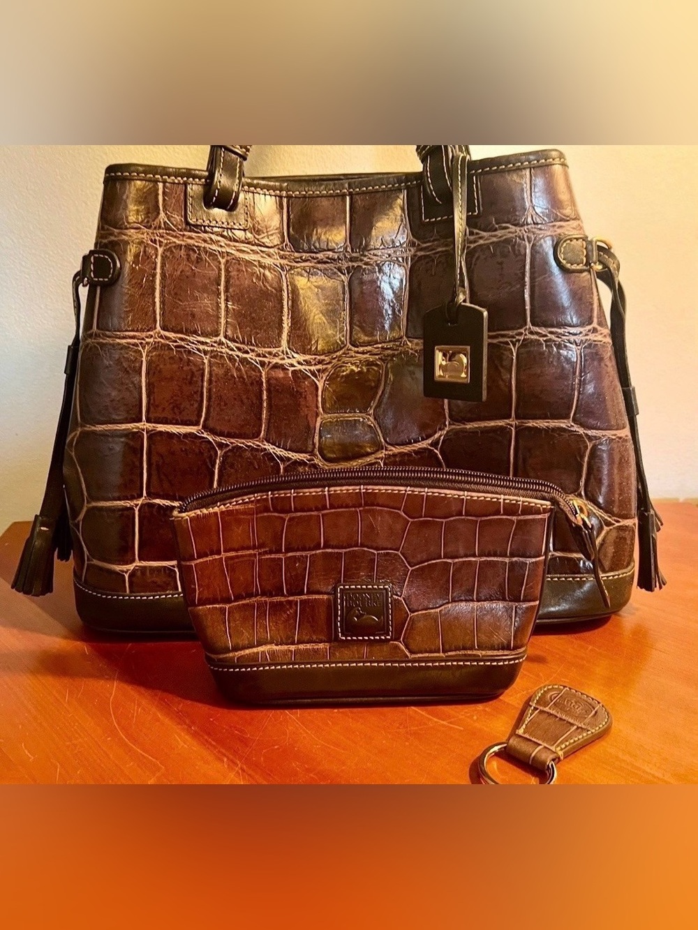 Dooney & Bourke Vintage Leather Croc Embossed Tote w/ Cosmetic bag and Key Fob